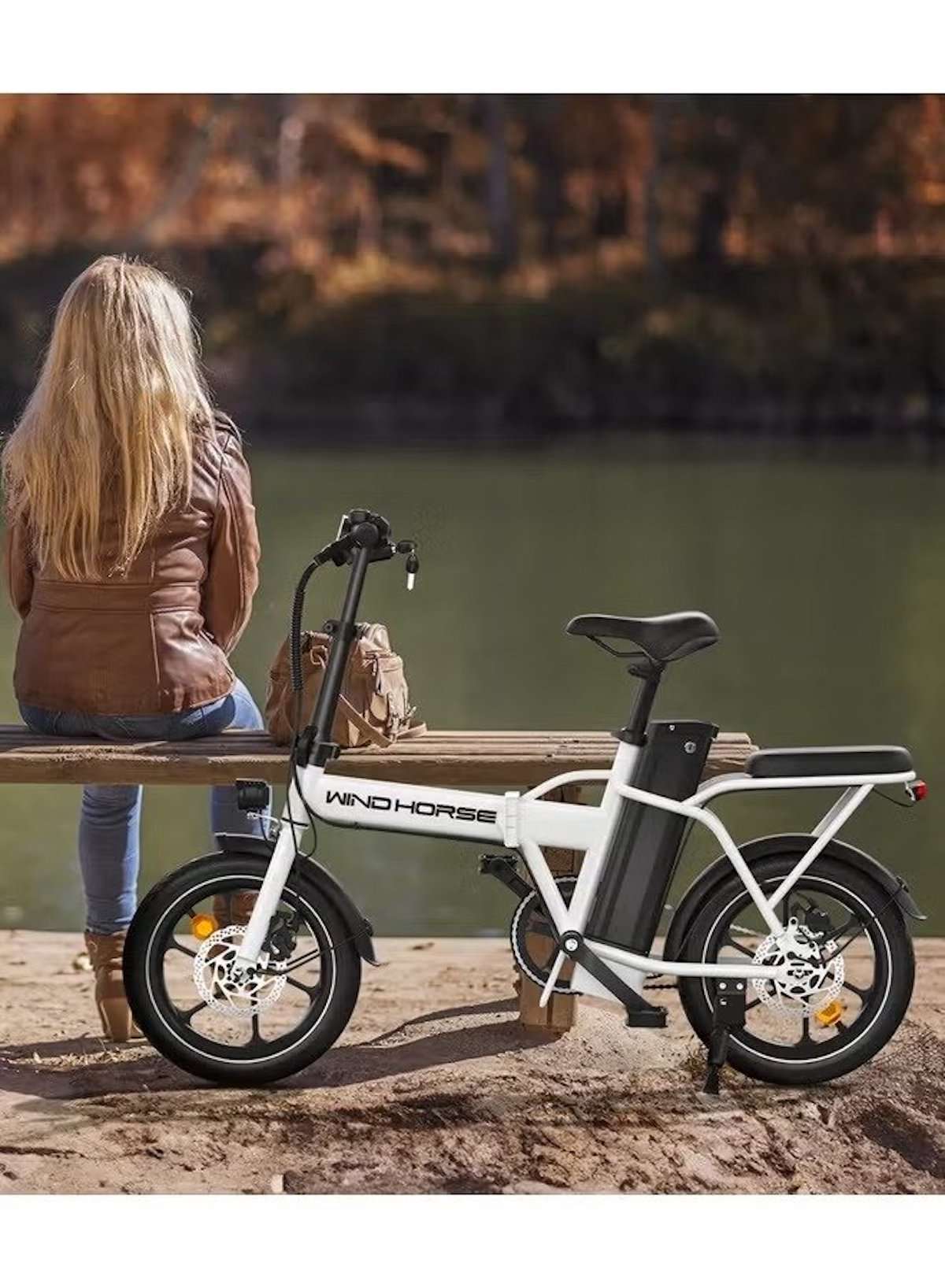 Electric scooters UAE showcasing a sleek model alongside a person relaxing by a scenic water view